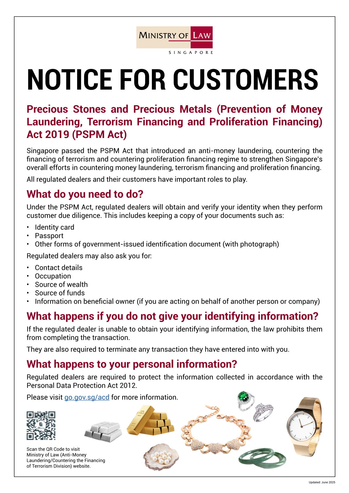 Ministry of Law notice for customers explaining why regulated dealers must verify identity and protect personal information.