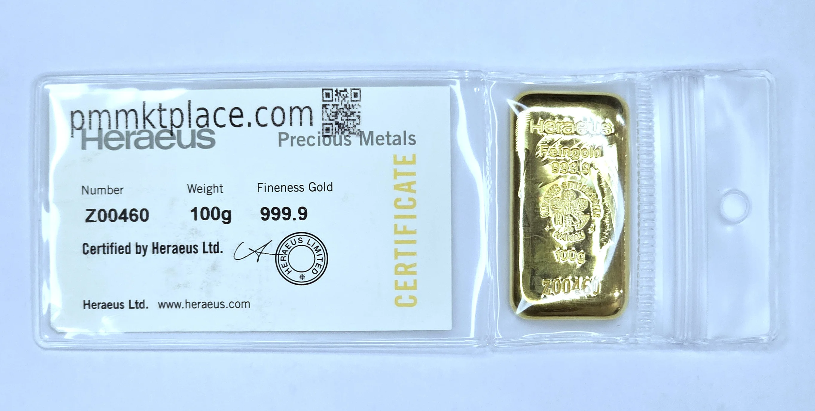 100g Heraeus Cast Gold Bar