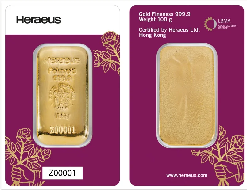 100g Heraeus Cast Gold Bar