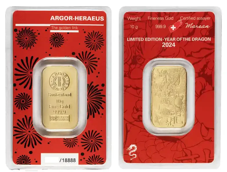 10g Argor Heraeus 2024 Lunar Dragon Gold Bar